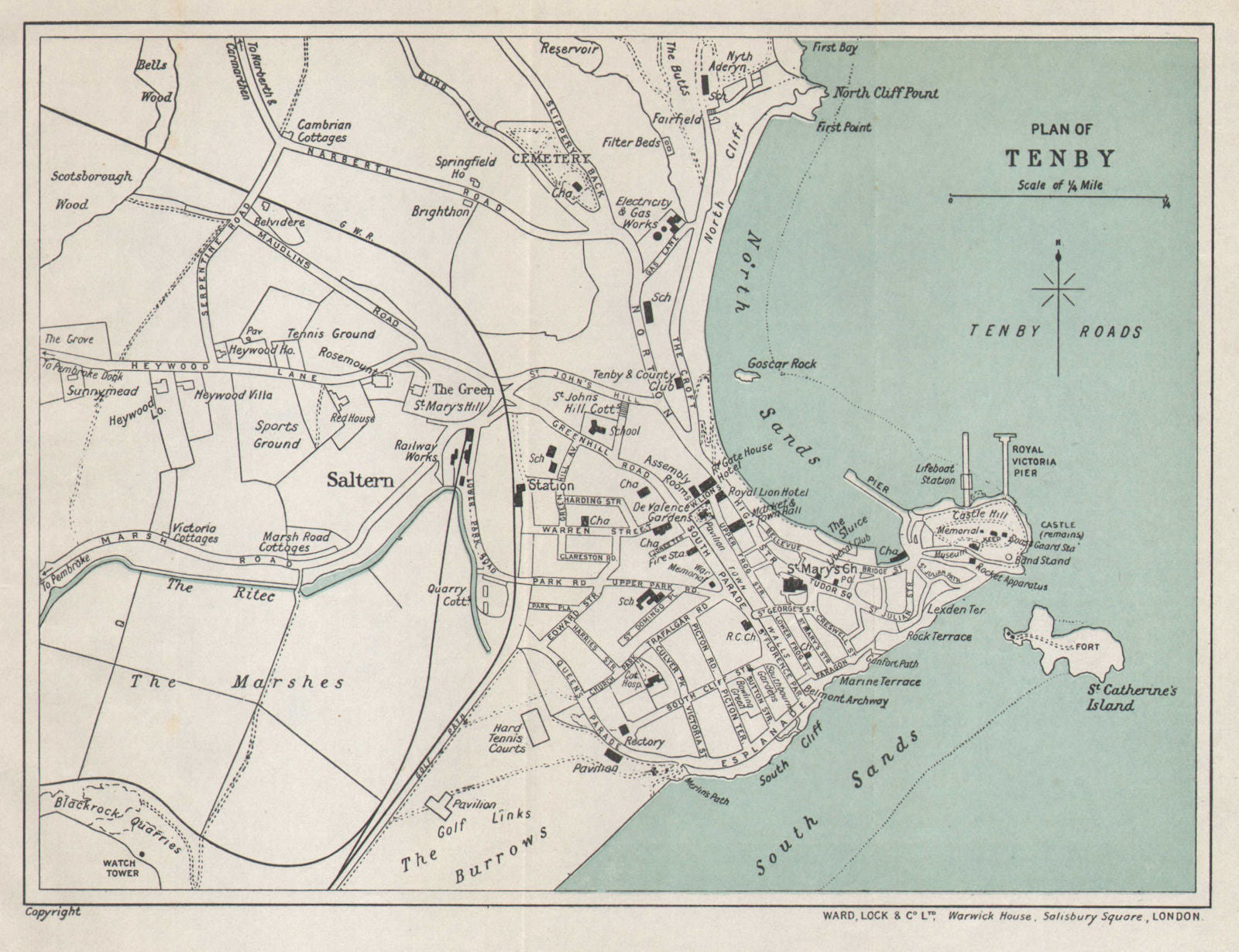 TENBY vintage tourist town city resort plan. Wales. WARD LOCK 1938 old map